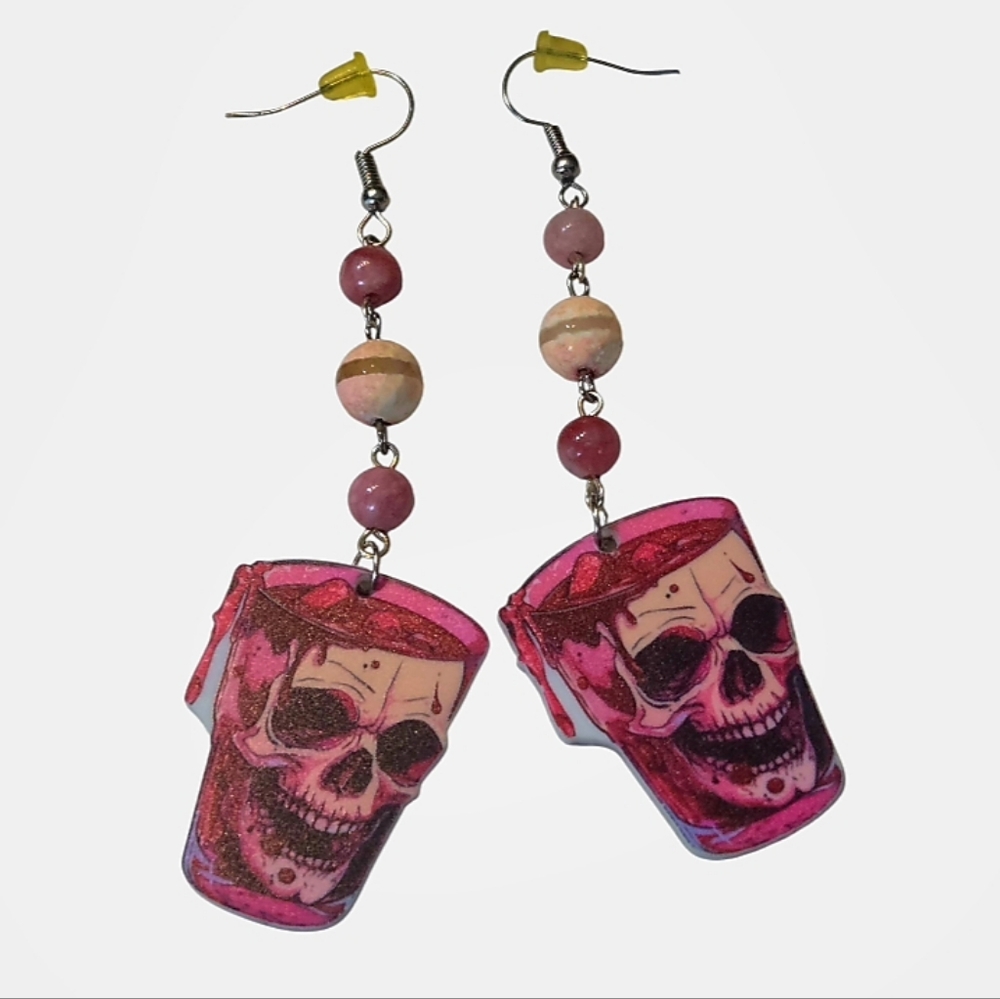 Skull Pink Drink Charm Earrings W/Tibetan Agate Beads Hypoallergenic NWOT
